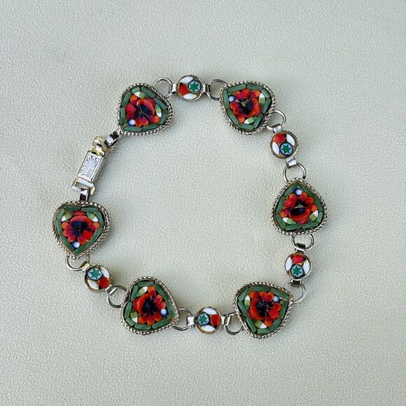Vintage Italian Micro Mosaic Heart Bracelet GM Mark Floral Glass Tile 7.25” - Picture 2 of 7